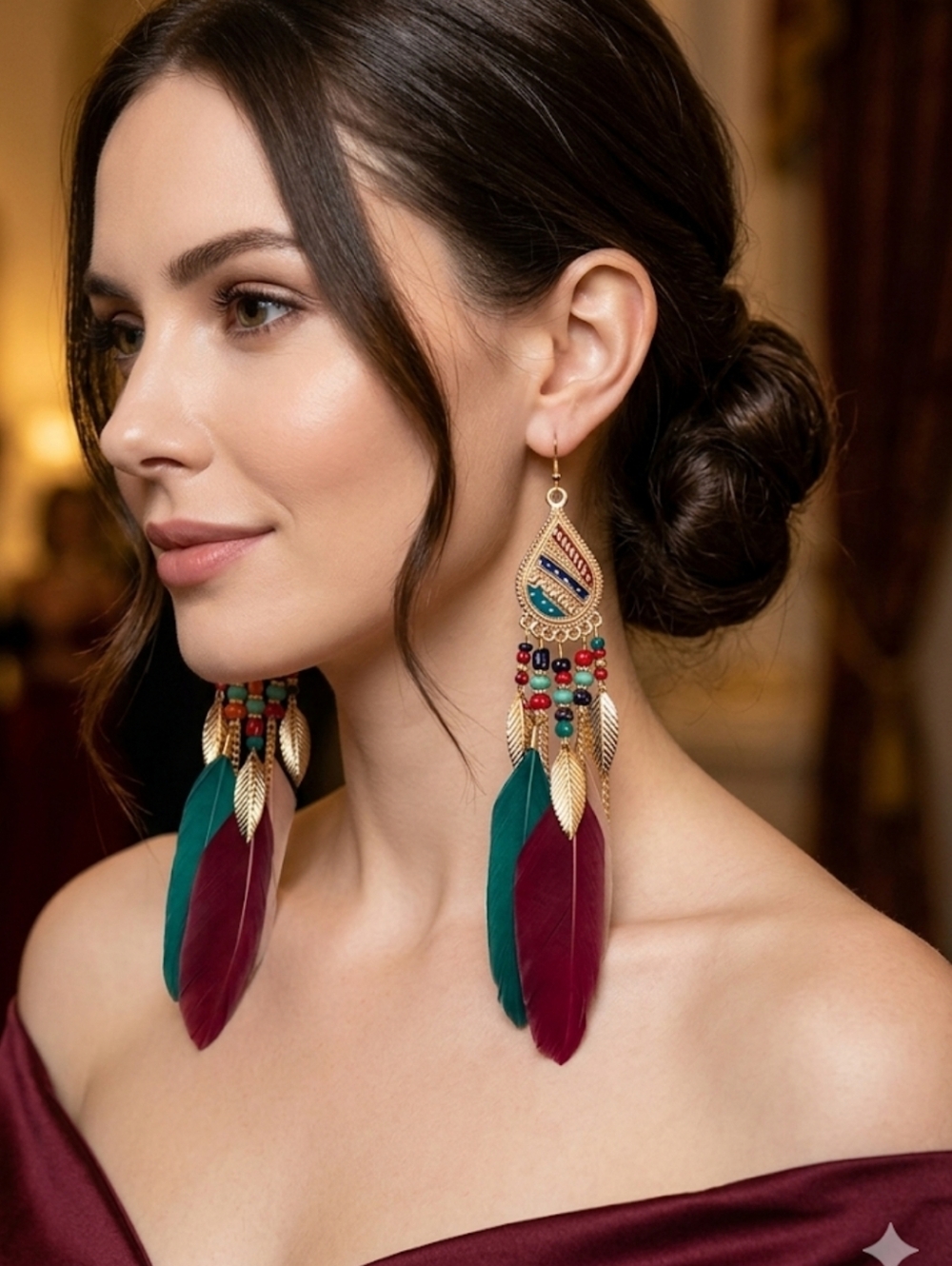 Fashion Jewelry Gold and Multicolor Feather Earrings